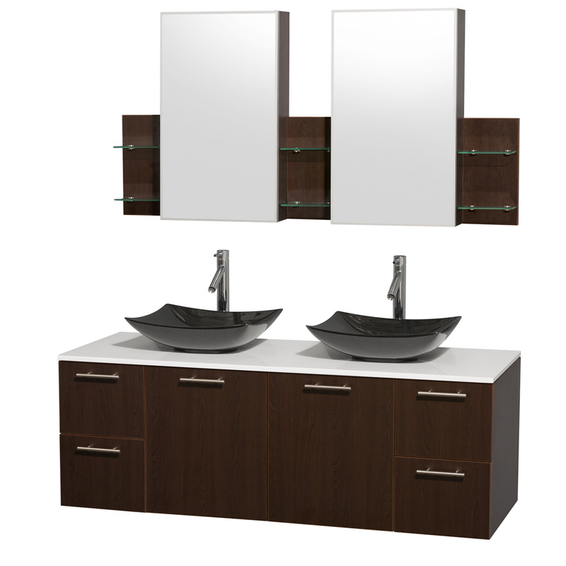 60 inch Double Bathroom Vanity Glossy White Finish, Black Granite Sinks with Medicine Cabinet